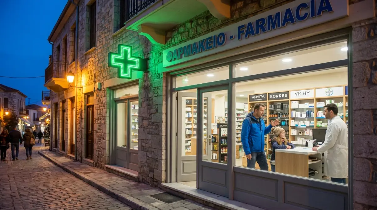 Typowa grecka apteka na wyspie Kos z charakterystycznym zielonym krzyżem