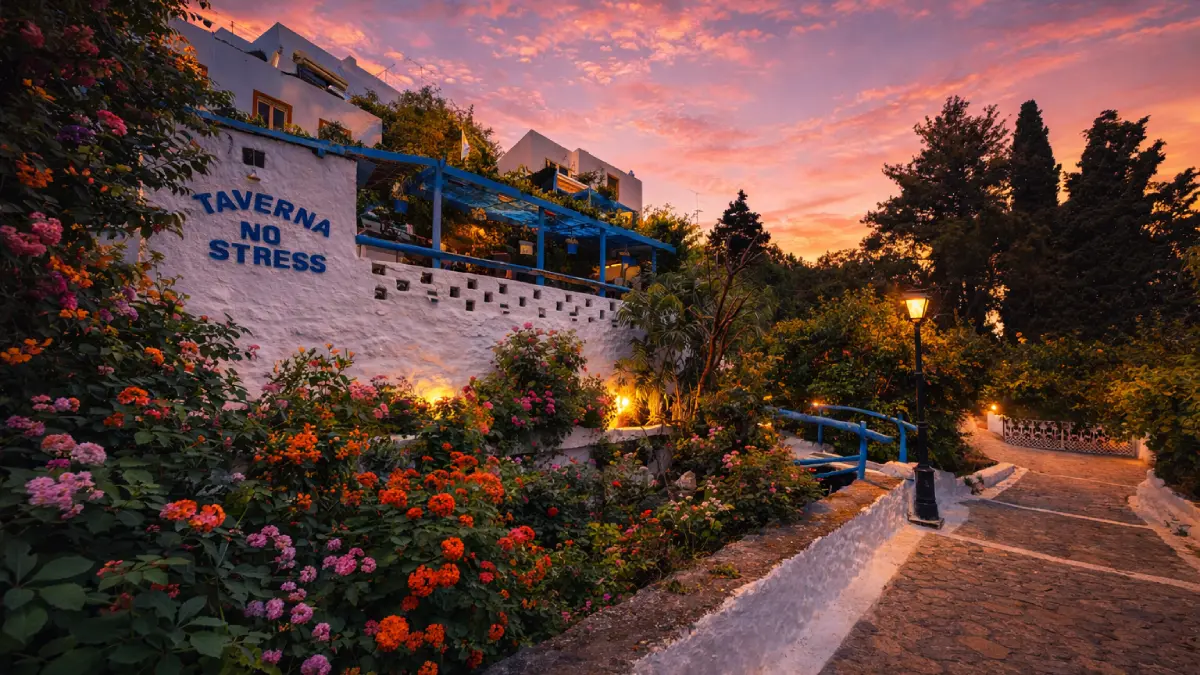 Widok na zachód słońca z tarasu tawerny w wiosce Zia na wyspie Kos